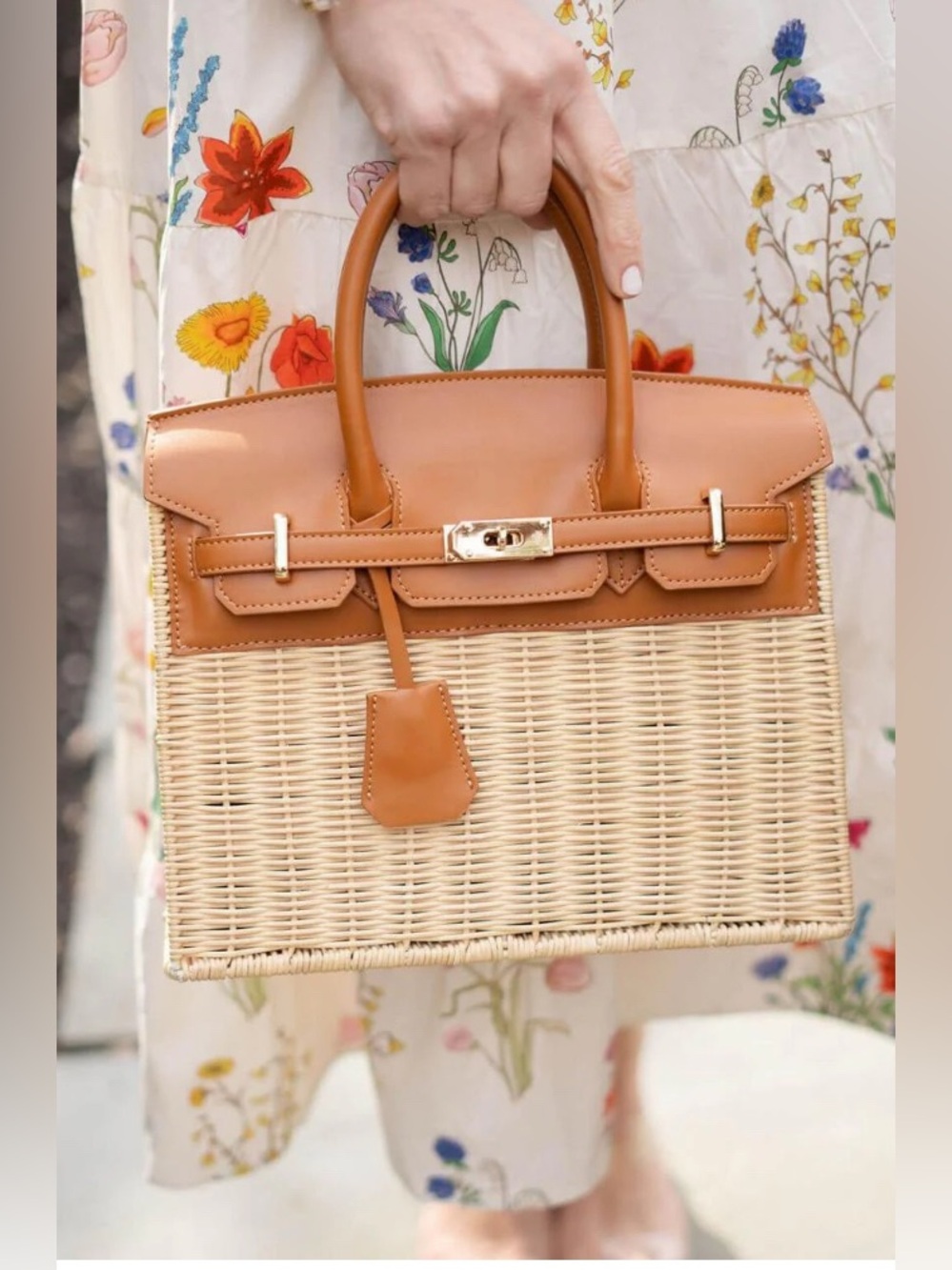 Woven Rattan Tote Handbag with Tan Leather Trim